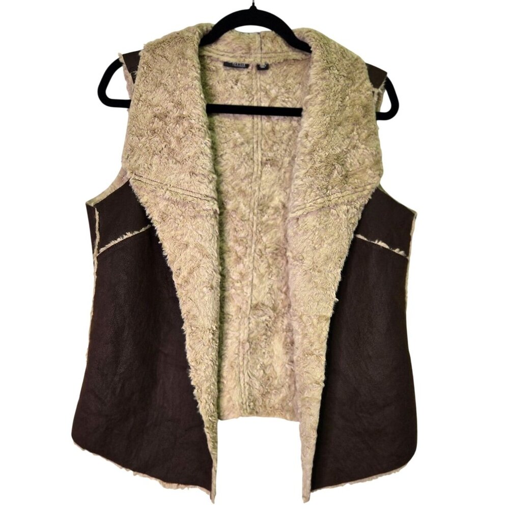 Faux Fur Shearling Vest L Mocha Brown Drape Soft Textured Trim Fall Winter Layer
